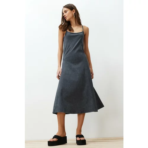 Trendyol Anthracite Antique/Pale Effect Cotton Square Collar Midi Knitted Midi Dress