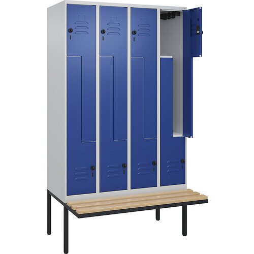C+P Garderobna Z-omara s klopjo Classic PLUS, 4 deli, svetlo sive / encijan modre barve, Š 1200 mm, varnostni vrtljivi zapah, lebdeča klop, bukov les Cene