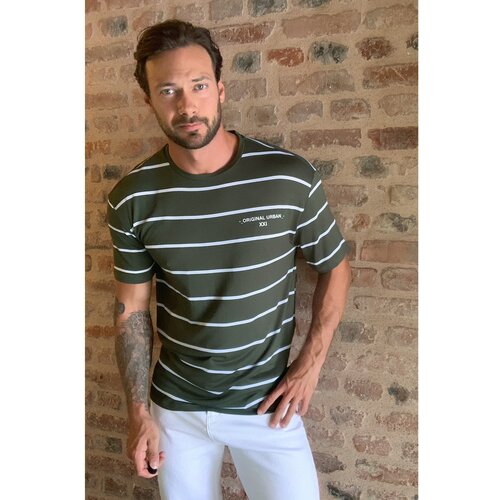 Trendyol khaki men's oversize fit striped oversize fit t-shirt Slike
