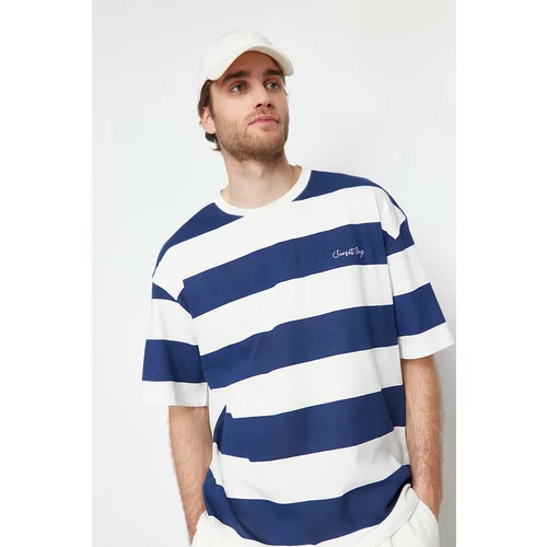 Trendyol Navy Blue Men's Oversize Text Embroidered Striped 100% Cotton T-Shirt