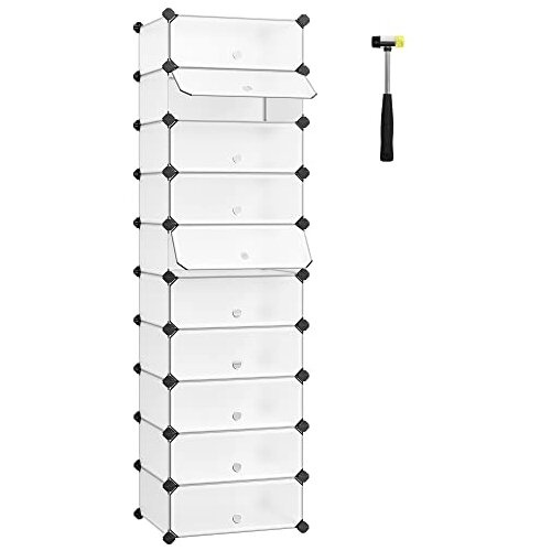 Songmics Stojalo za čevlje z zaklepanjem, pravokotni organizator za shranjevanje, modularna polica DIY z 10 režami, 40 x 30 x 17 cm za vsak sedež, plastična omara z vrati, bela LPC10W, (21313495) Slike