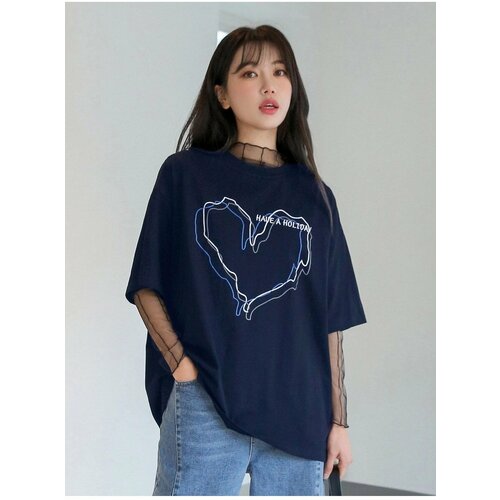 K&H TWENTY-ONE women's Striped Figure Heart Printed Navy Blue T-Shirt Have A Holiday Slike