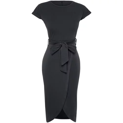 Trendyol Anthracite 100% Cotton Double Breasted Closure Belt Detailed Midi Knitted Dress