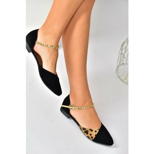 Fox Shoes Women's Black/Leopard Suede Flats with Chain Detail Cene