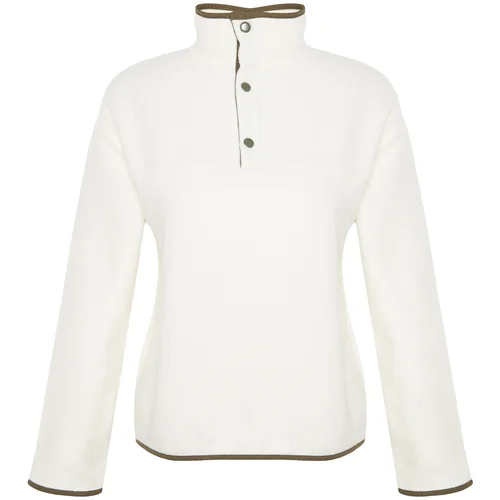 Trendyol Beige Stand Collar With Snap fasteners, Regular/Regular fit has pockets. Color Block Fleece Knitted Sweatshirt