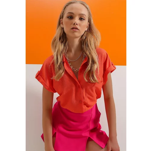 Trend Alaçatı Stili Women's Orange Cuffed Double Short Sleeve Textured Shirt
