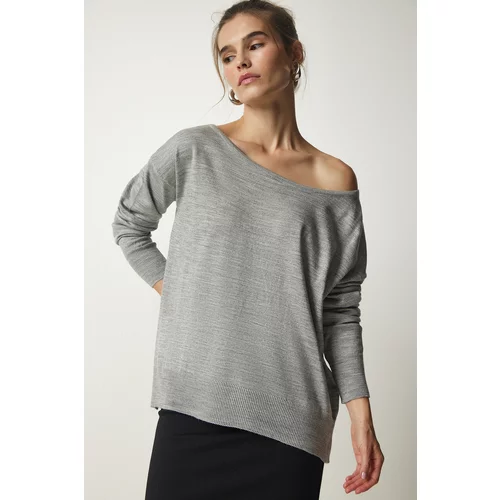 Happiness İstanbul Women's Gray Boat Collar Knitwear Sweater