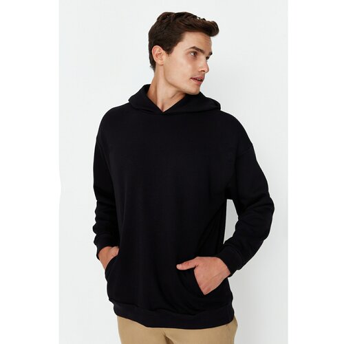 Trendyol Black Men's Oversize Fit Hooded Embroidery Detailed Thick Sweatshirt Cene