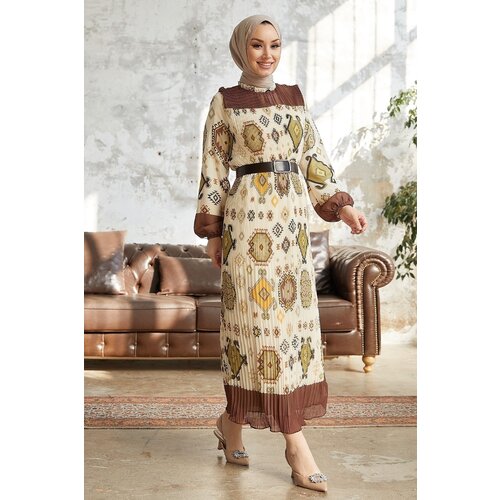 InStyle Viona Patterned Pleated Dress with a Belt - Brown Slike