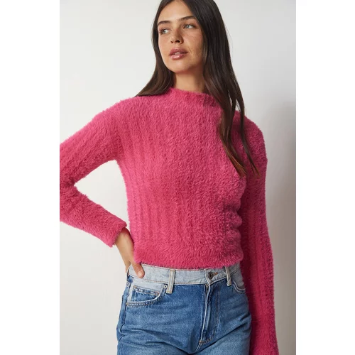 Happiness İstanbul Women's Pink Stand-Up Collar Bearded Knitwear Sweater