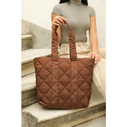 Madamra Brown Women's Quilted Pattern Puffy Bag Slike