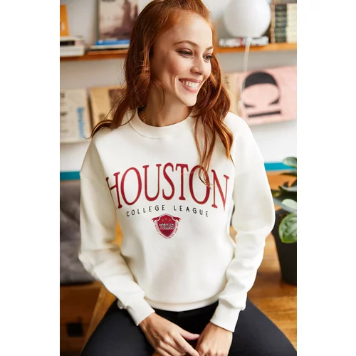 Olalook Women's Ecru Houston Printed Raised Sweatshirt