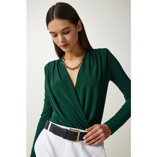  Women's Emerald Green Wrap Collar Snap Fastener Knitted Blouse Cene