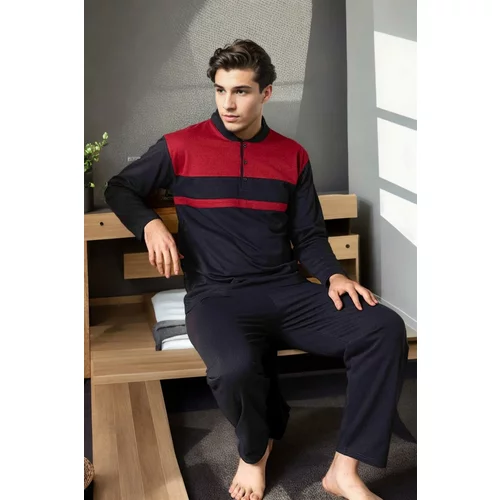 Dewberry J4443 Mens Buttoned Long Sleeve Pyjama Set-NAVY