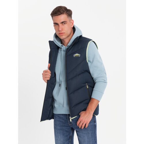 Ombre Men's quilted sleeveless jacket with neon accents - navy blue Slike