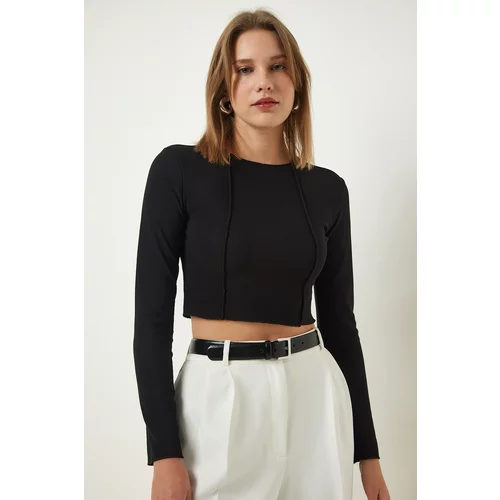 Happiness İstanbul Black Ribbed Ribbed Crop Blouse
