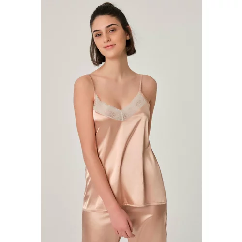 Dagi Women's Powder Satin Top with Straps and Lace Detail