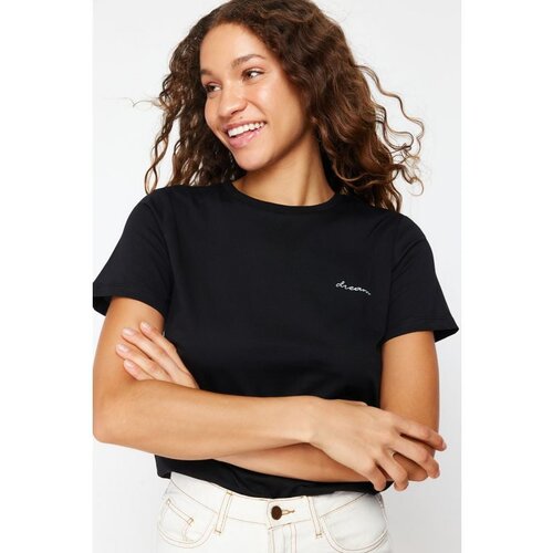 Trendyol Black 100 Cotton Slogan Embroidered Regular Pattern Knitted T-Shirt Slike