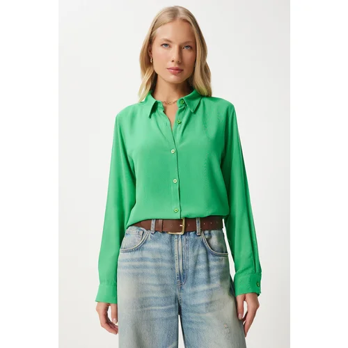 Happiness İstanbul Women's Green Relaxed Fit Viscose Shirt