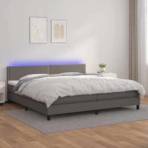 vidaXL Krevet box spring s madracem LED sivi 200x200cm od umjetne kože