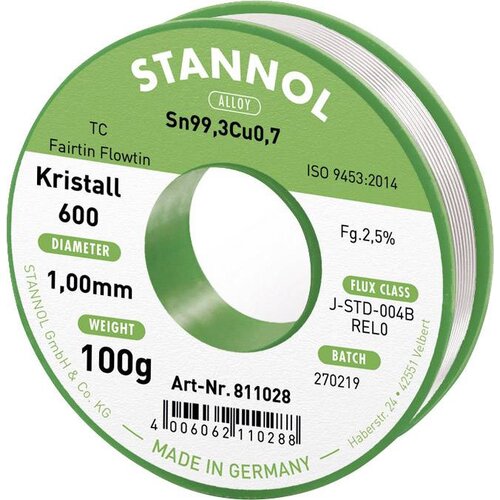 Stannol mehka spajkalna žica Kristall 600 v zlitini Flowtin TC Sn99Cu1 z 2\,5-odstotno vsebnostjo pretoka 1\,0 mm s premerom na 100 g tuljave Kristall 600 Fairtin spajkalna žica\, ne, (20428458) Cene