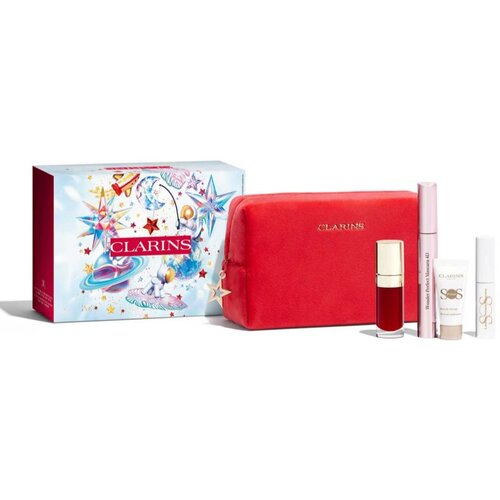 Clarins Make-up Heroes set: maskara Wonder Perfect Mascara 4D 8ml + olje za ustnice Lip Comfort Oil 7 ml 03 Cherry + podlaga za ličila SOS Primer White 5 ml + podlaga in serum za maskaro SOS Lashes Serum Mascara 3 ml + kozmetična torbica odtenek 01 Perfect Black Cene
