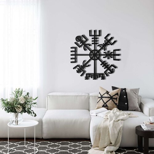 Wallxpert metalni zidni ukras 5126, vegvisir, nordijski kompas sa runama, 45 x 45 cm, crni Cene