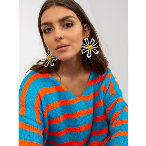 Fashion Hunters Blue and orange oversize sweater with V-OCH BELLA neckline Slike