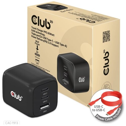 CLUB 3D CLUB3D Travel Charger PPS 65Watt GAN technology, Triple port (2x USB Type-C + USB Type-A) Power Delivery(PD) 3.0 Support Slike