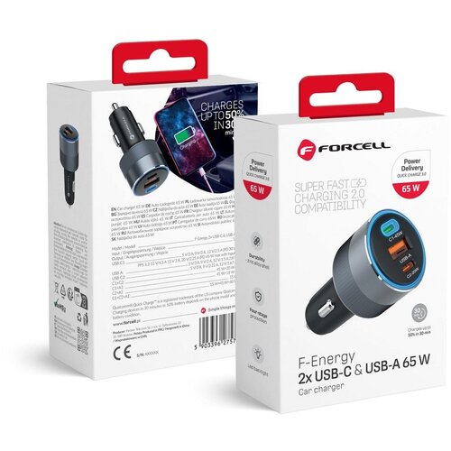 Forcell auto punjač f-energy aluminijumski punjac 2 x type c + usb a pd QC4.0 sfc 2.0 4,5A 65W Slike