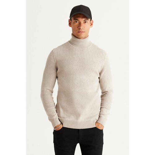 AC&Co / Altınyıldız Classics Men's Beige Melange Recycle Standard Fit Regular Cut Full Turtleneck Cotton Jacquard Knitwear Sweater. Cene