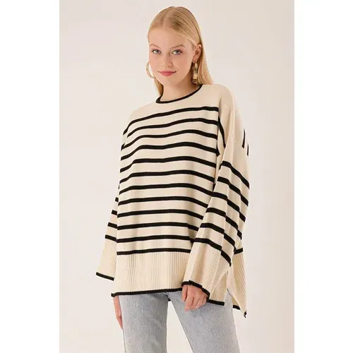 HAKKE Striped Bagel Neck Back Long Oversize Sweater