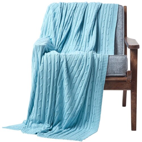 HOMESCAPES Bombažna pletena odeja Cable Knit Pastel Blue, 130x170 cm, (20750159) Cene
