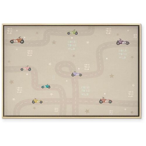  Slika - Race - Colorful Cars on a Road on a Beige Background with Inscriptions 120x80 U prirodnom drvenom okviru Slike