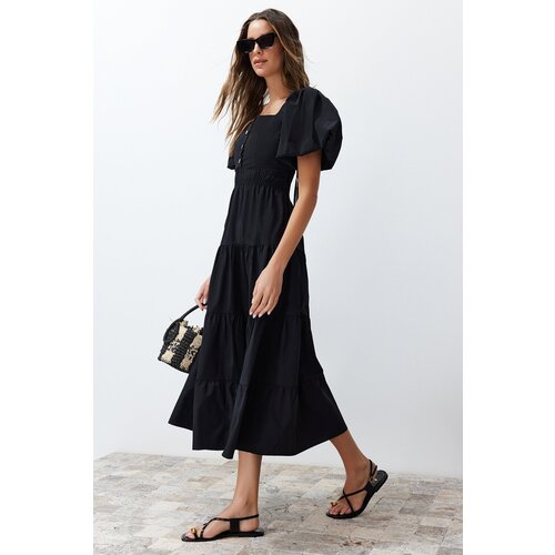 Trendyol Black Waist Opening Gipe and Back Detailed Square Collar Midi Woven Dress Slike