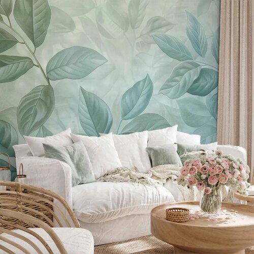  Foto tapeta - Large Leaves in Shades of Green-Mint: Botanical Motif 490x350 Cene