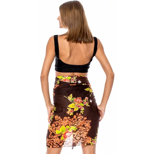 Fashion Hunters Dark brown pareo with floral patterns