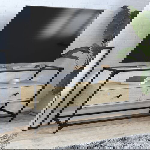 VidaXL TV omarica s stekleno plo&amp;scaron;čo sonoma hrast 98x35x51 cm inž. les Slike