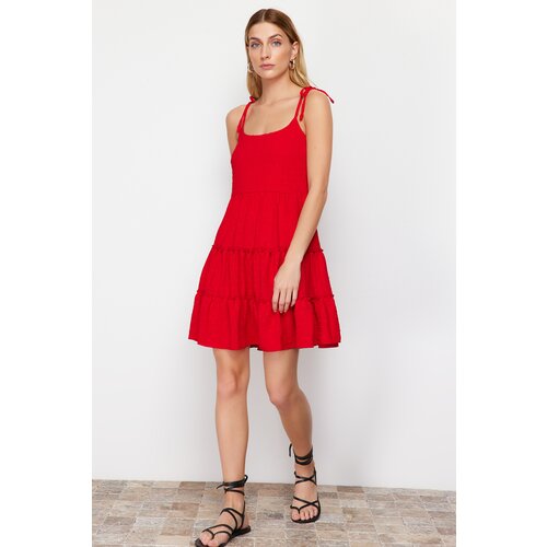 Trendyol Red Skirt Flounce Fabric Featured Mini Woven Dress Slike