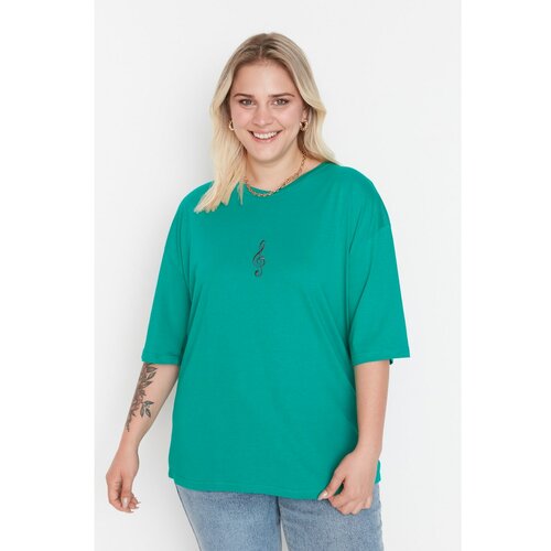 Trendyol Curve Green Embroidered Knitted T-Shirt Slike