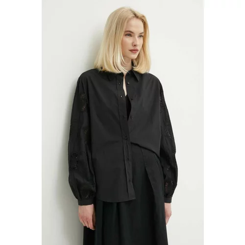 Sisley Pamučna košulja za žene, boja: crna, relaxed, s klasičnim ovratnikom