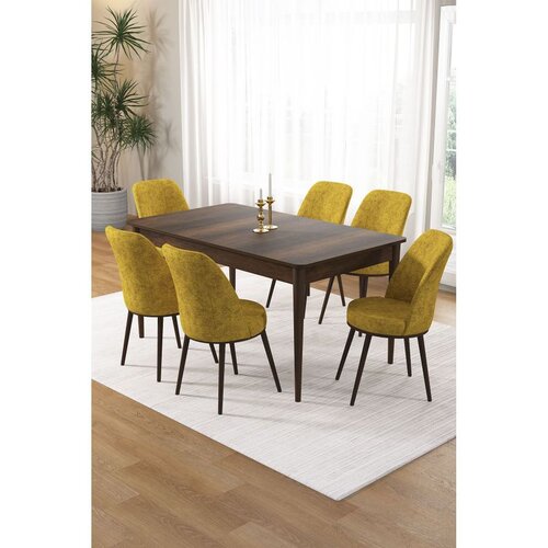 Hanah home trpezarijski set Pir, sto i 6 stolica, ploča u dekoru drveta Baroque, senf žuta tkanina Babyface Cene
