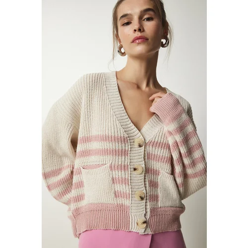  Women's Beige Powder Striped Knitwear Cardigan