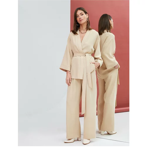 Koton Fabric Palazzo Trousers with Pockets, Belted Waist and Pleated.
