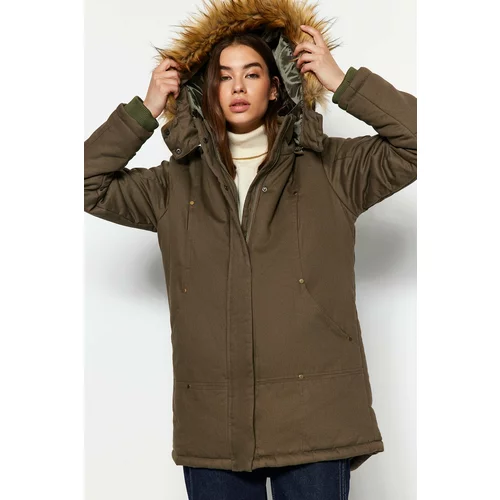 Trendyol Khaki Fur Parka Coat with a Hooded Water Repellent