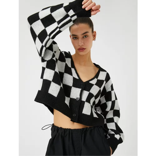 Koton Crop Cardigan Knitted V-Neck Buttoned Checkerboard Pattern Ribbed