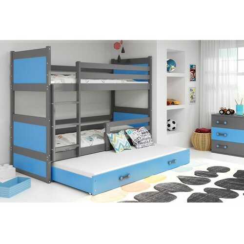 Rico drveni dečiji krevet na sprat sa tri kreveta - sivi - plavi - 160x80 cm NM3VDJZ Cene