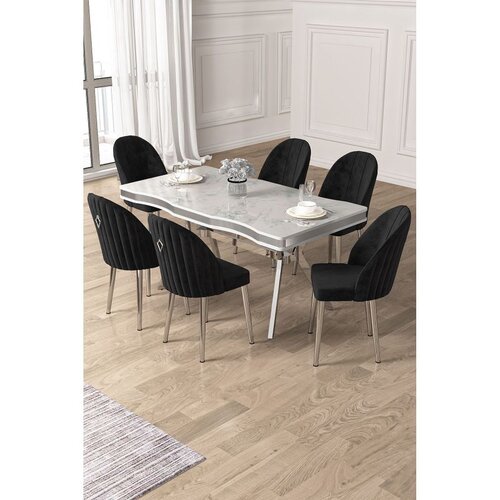 Hanah home trpezarijski set Pem, sto i 6 stolica, ploča u dekoru belog mermera, hromirane noge, crna tkanina Babyface Cene