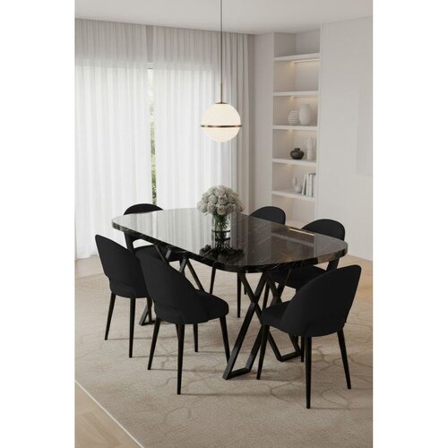Hanah home trpezarijski set Arvon, sto i 6 stolica, ploča u dekoru crnog mermera, crna tkanina Babyface Cene