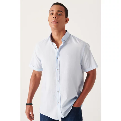 Avva Men's Blue Buttoned Collar 100% Cotton Thin Short Sleeve Standard Fit Normal Cut Shirt